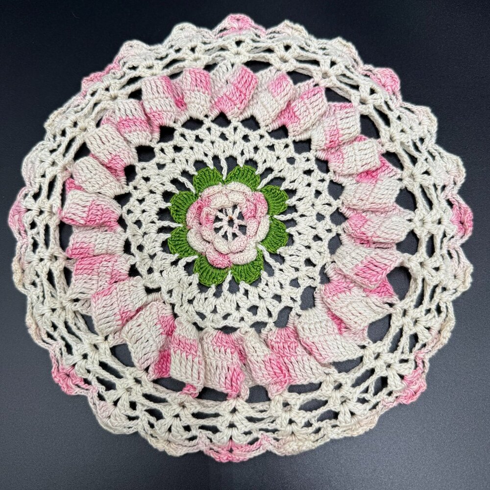 50s Handmade Crocheted Floral Trivet Cover Pink and White MCM 8"